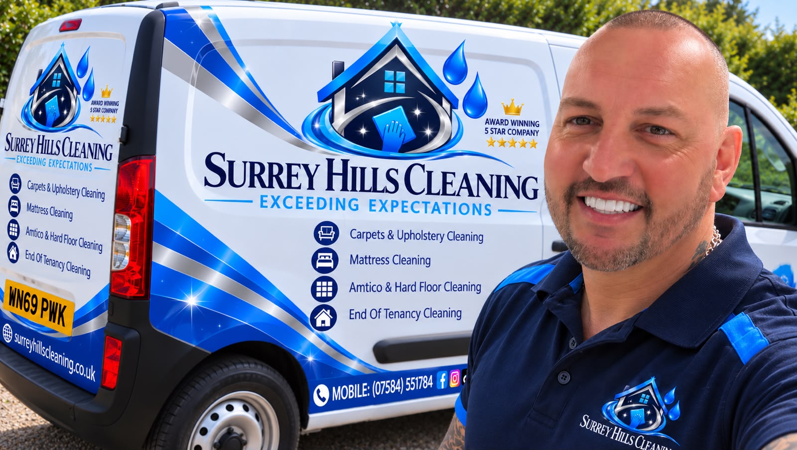 John from Surrey Hills Cleaning with the company van in Oxshott John, owner of Surrey Hills Cleaning, standing by the branded company van