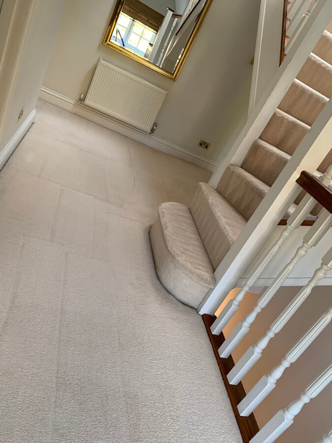 Carpet Cleaning Hallway Surrey Freshly cleaned cream carpet in a hallway, with the carpeted staircase alongside
