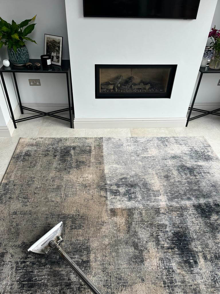 Rug Cleaning In Progress Surrey Patterned rug half cleaned with a hot water extraction wand, showing the clean side against the dirty side