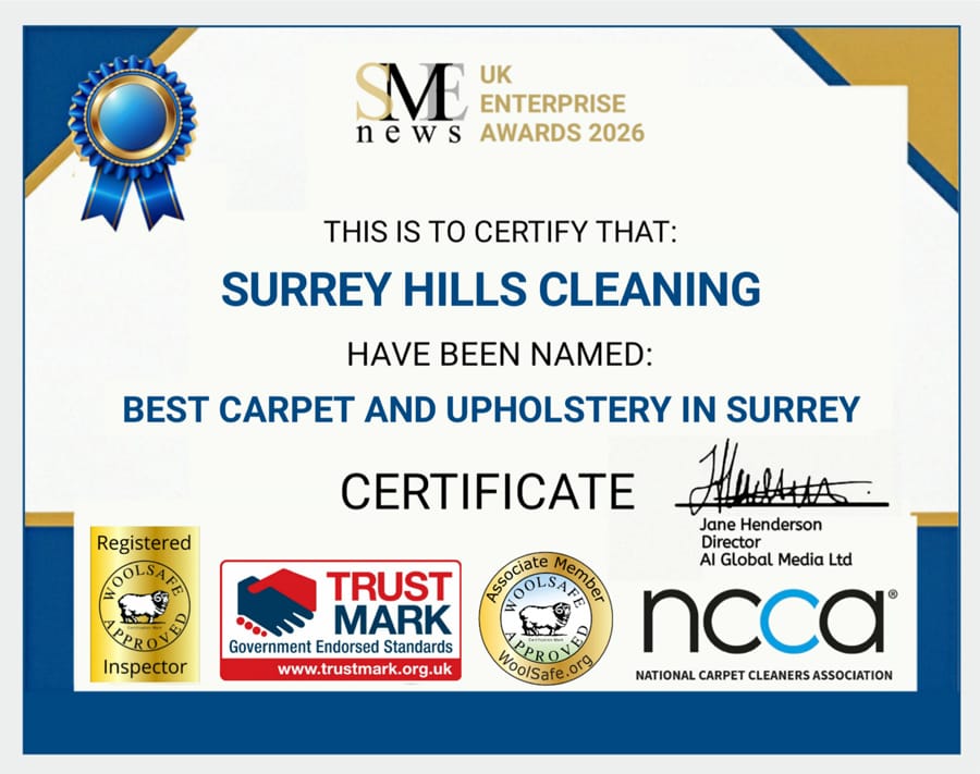 SME News UK Enterprise Awards 2026 certificate naming Surrey Hills Cleaning Best Carpet and Upholstery in Surrey