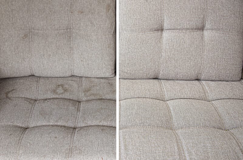 Sofa Cushion Before and After Cleaning Surrey Grey sofa cushion before and after cleaning, side by side