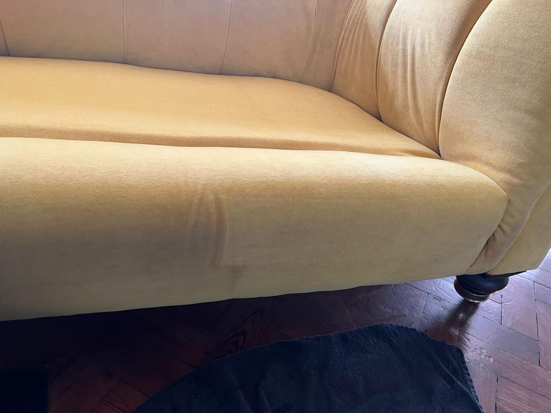 Sofa Seat Upholstery Cleaning Close Up Close-up of a pale gold sofa seat part way through an upholstery clean